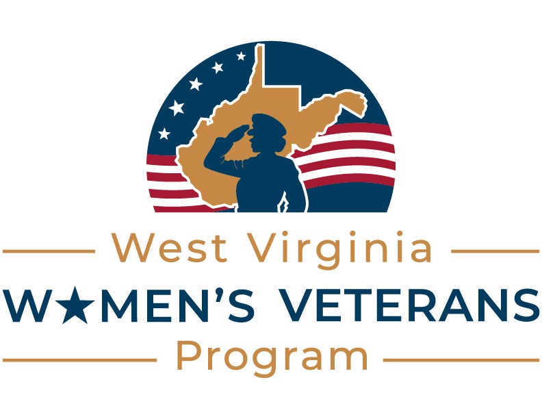 Logo for West Virginia Women's Veterans Program with Female Veteran in front of outline of West Virginia